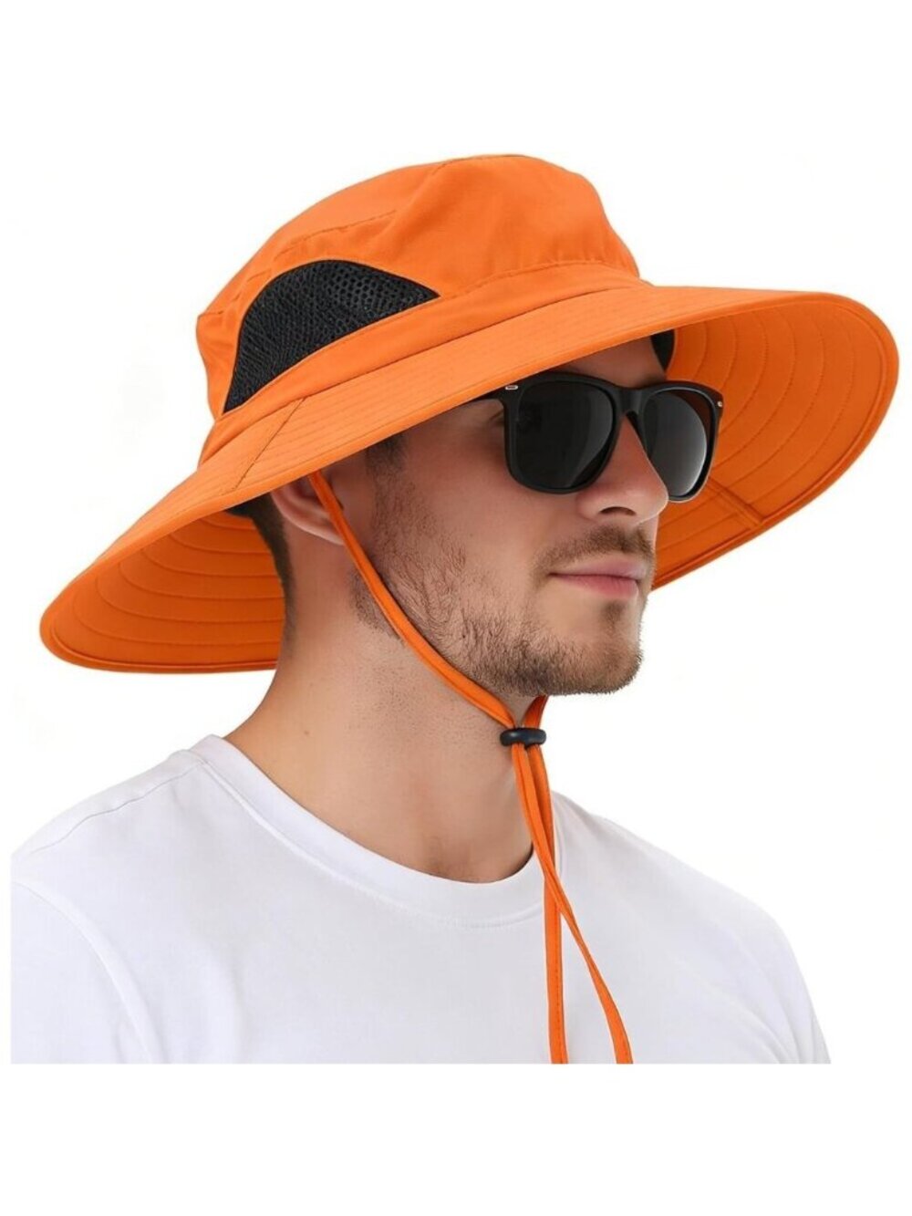 Unisex Orange 100% Polyester Wide Brim Mesh Vents With Chin Strap Fishing Hat